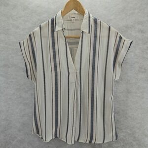 MINE Women's Small Cream Navy Stripped Faux Button Back Short Sleeve Top Oversiz